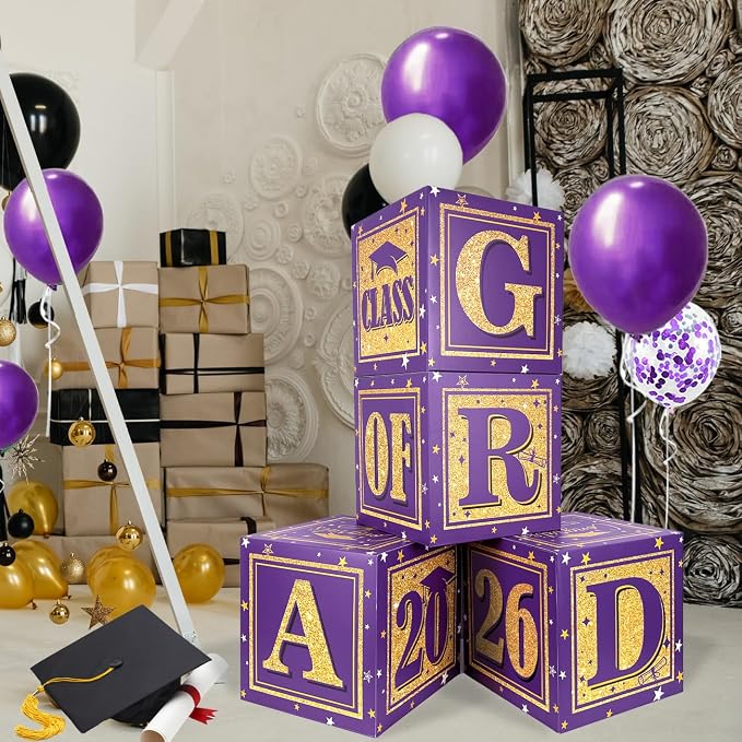 2026 Graduation Decorations Purple and Gold Class of 2026 Balloon Boxes | by ssailuedecor