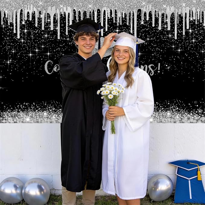 Mocsicka 7x5ft Class of 2025 Graduation Backdrop Black and Sliver Glitter 2026 - Image 3