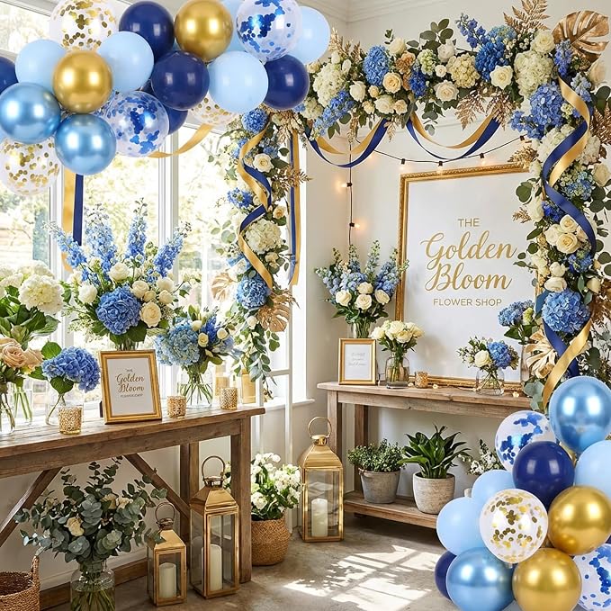 RUBFAC Navy Blue Gold Balloon, Party Balloons Pastel Blue Metallic Confetti - Image 7