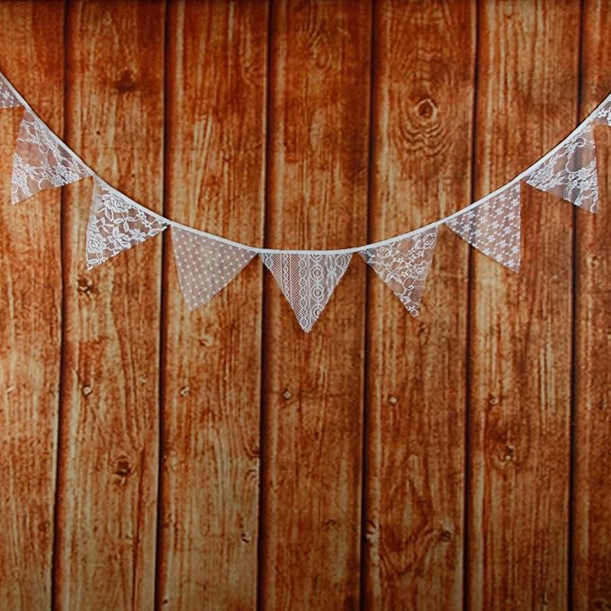 LOVENJOY White Floral Lace Pennant Banner, Fabric Triangle Lace Bunting Flag - Image 3