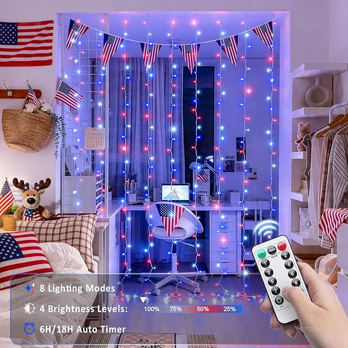 JMEXSUSS 300LED Red White & Blue Curtain Lights - Image 2