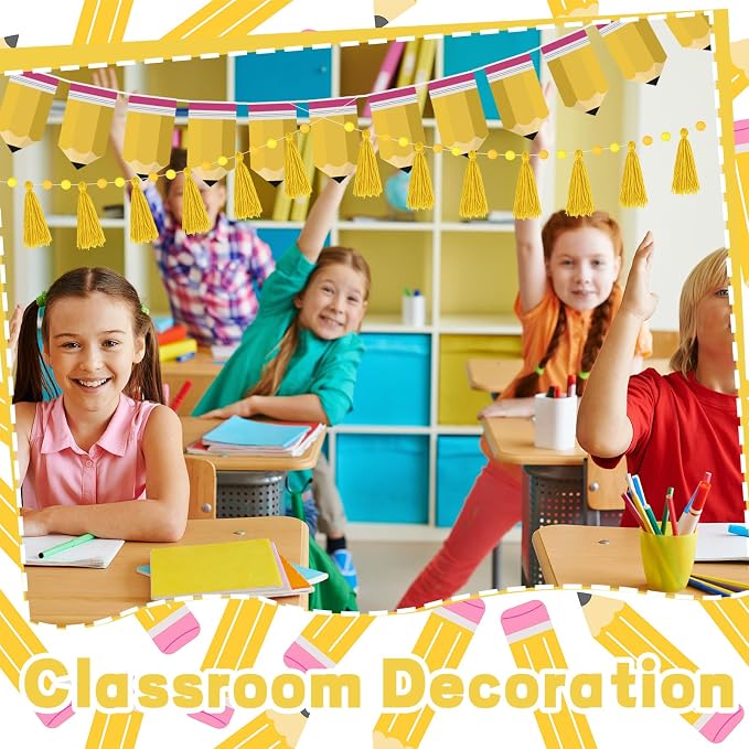 4 Pcs 30 Ft Back to School Banners Decorations Yellow Pencil Tassel Pom Pom - Image 7