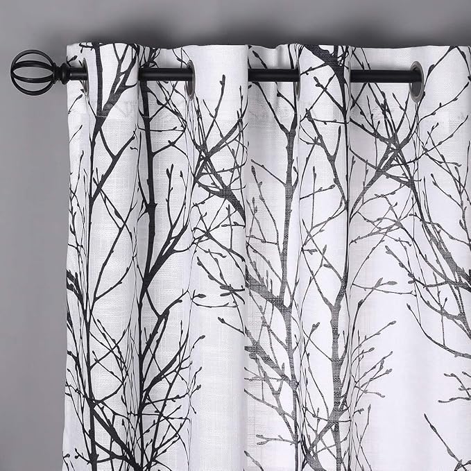 FMFUNCTEX Linen Black White Semi Sheer Print Curtains 45 Inch Long 2 Panels | - Image 2