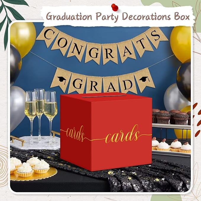 QIKSION Red Graduation Card Box, Gold Foil Gift Card Box for Graduation, Party, Wedding Reception, Birthday, Baby Shower, Raffle