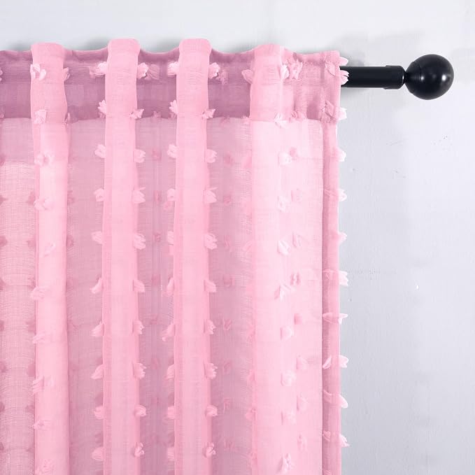 KOUFALL Pink Back Tab Rod Pocket Pom Pom Sheer Curtains, 8 FT 52x96 Length - Image 6