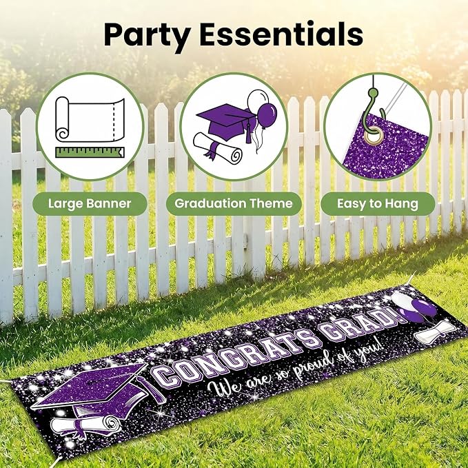 Purple Graduation Decorations, Congrats Grad Graduation Banner Glitter Purple - Image 8