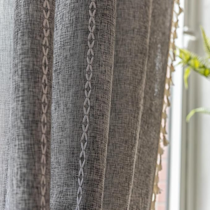 Sutuo Home Boho Curtains for Bedroom Living Room, Semi Blackout Linen Farmhouse - Image 2