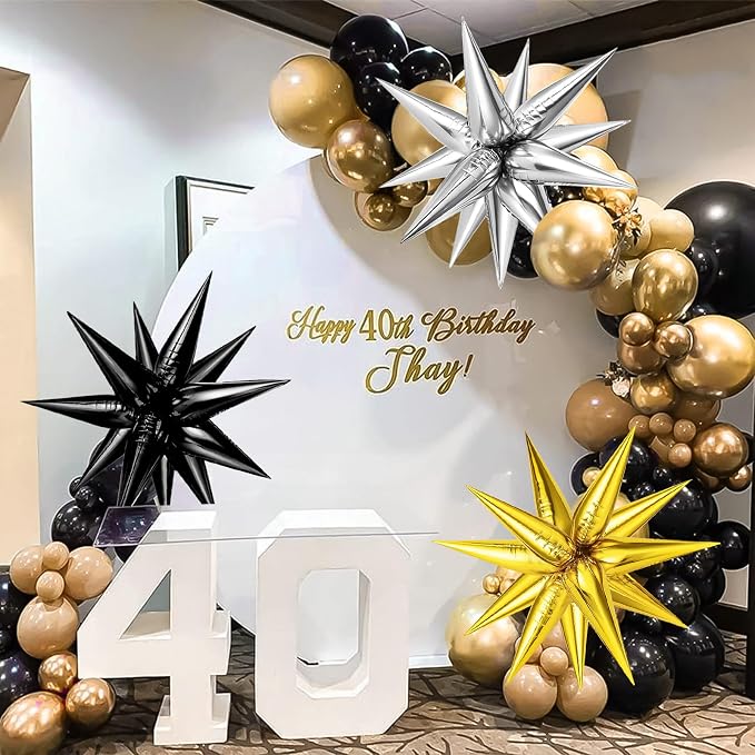 Black Gold Silver Foil Star Balloons, Cone Mylar Spike Balloons Fireworks - Image 2