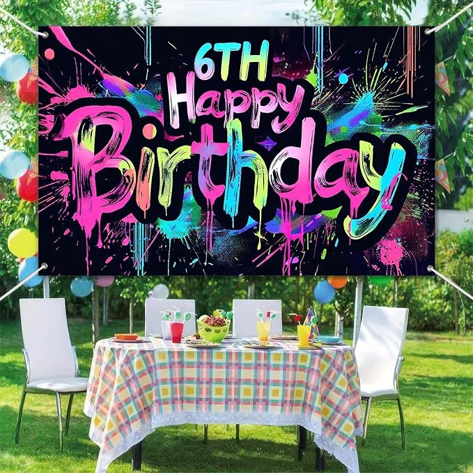 HOMETITUTE Neon 6th Happy Birthday Banner 71x43 Inch Birthday Backdrop | 6th - Image 6