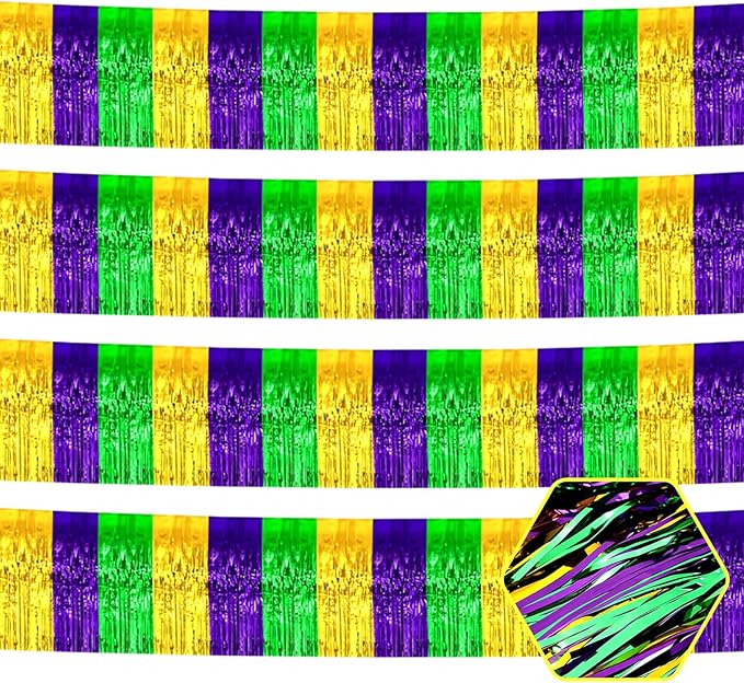 4 Pack 10 Feet Gold Green Purple Foil Fringe Garland Metallic Tinsel Streamers Banner Wall Hanging Curtain Backdrop for Parade Floats, Wedding, Graduate, Mother's Day, Birthday Party Decoration