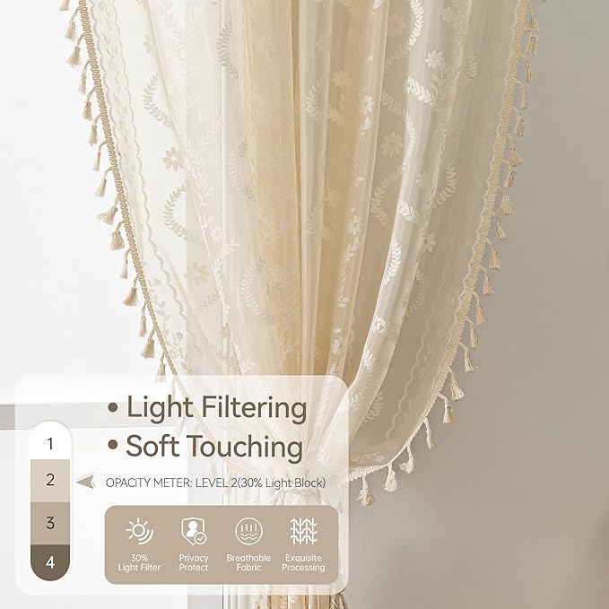 WAZZIO Boho Lace Curtains 2 Panels 105 Inches -Cute Vintage Victorian Sheer - Image 5