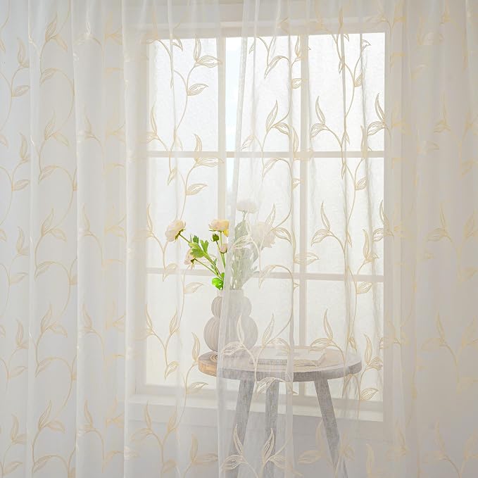 Sheer Curtains Boho Leaf Floral Embroidered Cream Beige 54Wx108L | Light - Image 7