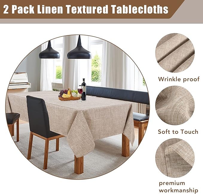 Fitable Faux Linen Tablecloths Rectangle 60 x 144 Inch - 2 Pack Neutral Table Clothes for 10 Foot Tables, Nature Faux Burlap Kitchen Table Covers for Dining, Party, Farmhouse, Banquet, Buffet