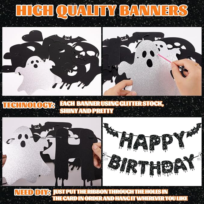 Black Glitter Happy Birthday Banner, Happy Birthday Party Decorations - Image 3