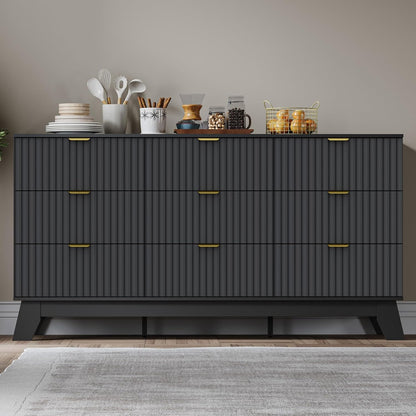 Fluted 9 Drawer Dresser, 57.1" Wide Modern Boho Chest of Drawers, Wooden Storage Dresser TV Stand for Bedroom, Living Room, Closet, Hallway, Curved Profile Design