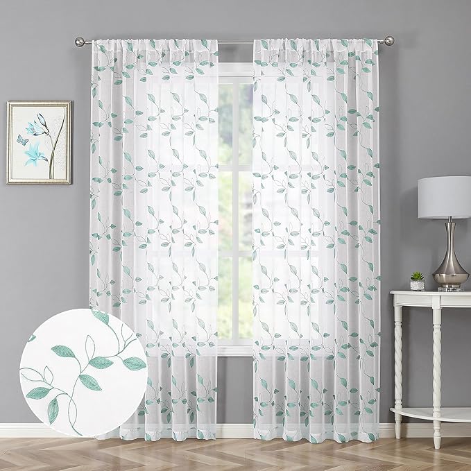 Tollpiz Teal Blue Leaf Sheer Curtain Bedroom 54 x 95 Inches | Leaves by Tollpiz