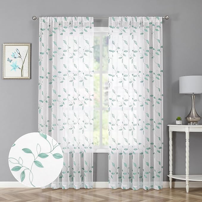 Tollpiz Teal Blue Leaf Sheer Curtains Bedroom 54 x 84 Inches | Leaves by Tollpiz