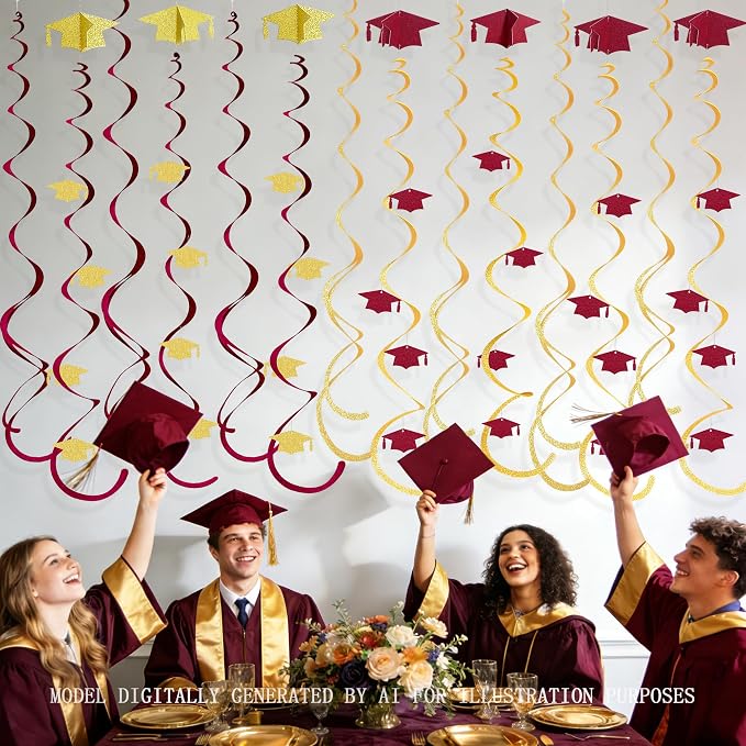 24Pcs Maroon Gold Graduation Grad Cap Hanging Felt Swirl Streamer Spiral - Image 6