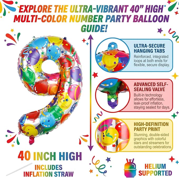 40 Inch Number 9 Balloon Colorful Foil Balloons - Image 2