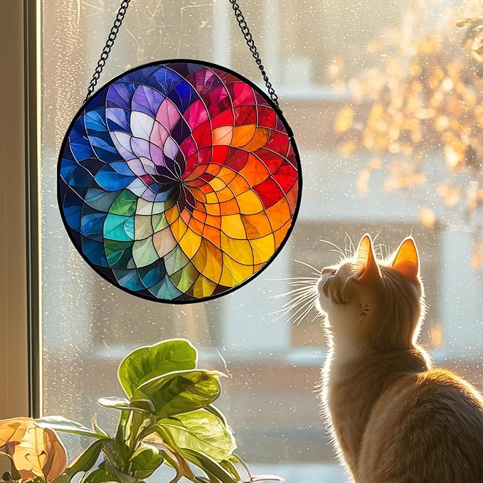 Stained Glass Window Hanging - Colorful Flowers Sun Catcher for Door Terrace Garden Home Decor, Abstract Gradient Suncatcher Birthday Gifts for Lovers Women Men Dad Mom Nana 15 in