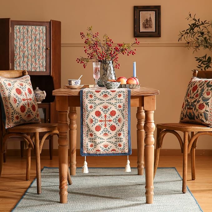 patdrea Designer Vintage Bright Farmhouse Linen Table Runner 102 Inch Long, Maroon Floral Pattern Table Mat, Decoration for Kitchen Dining Table Coffee Table Cabinet Banquet Christmas ,12"*102"