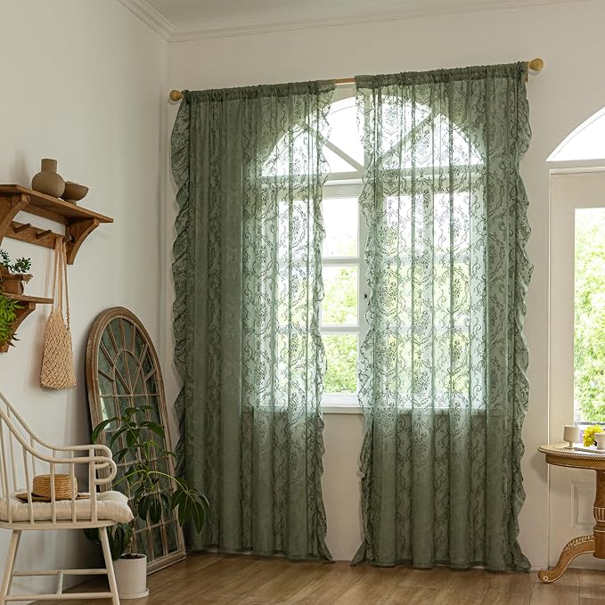 Deeprove Olive Green Boho Sheer Lace Ruffled Curtains 2 Panels Crochet 84 Inch - Image 8