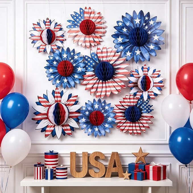 SUNBEAUTY 4th of July Patriotic Decorations Red White Blue Hanging Honeycomb - Image 9
