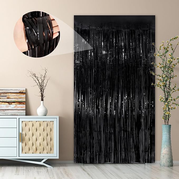 Black Fringe Curtain Party Streamers 4Pack 3.3 x 8.3 Ft Foil Fringe Backdrop - Image 3