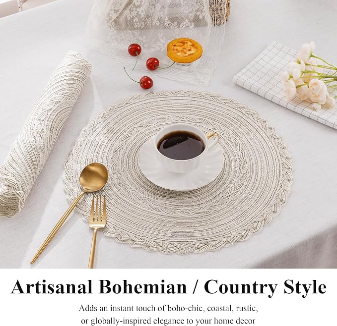 SHACOS Round Placemats Set of 6 Boho Braided Bordered Place Mats 15 inch - Image 3
