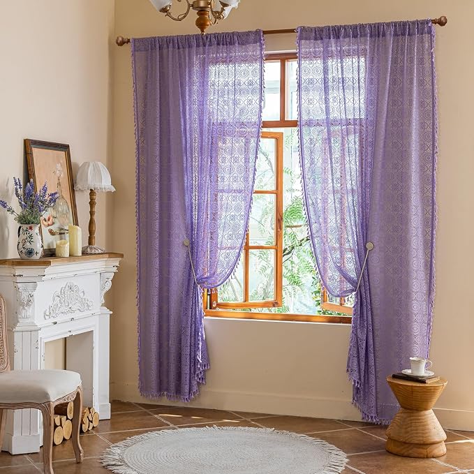 YJ YANJUN Boho Lace Curtains, Light Purple Sheer Panels, 59x96 inch, Pair | - Image 4