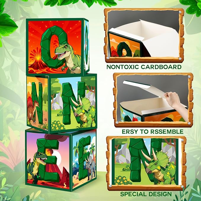3 Pcs 1st Dinosaur Birthday Decorations One Birthday Balloon Boxes Dino Party - Image 3