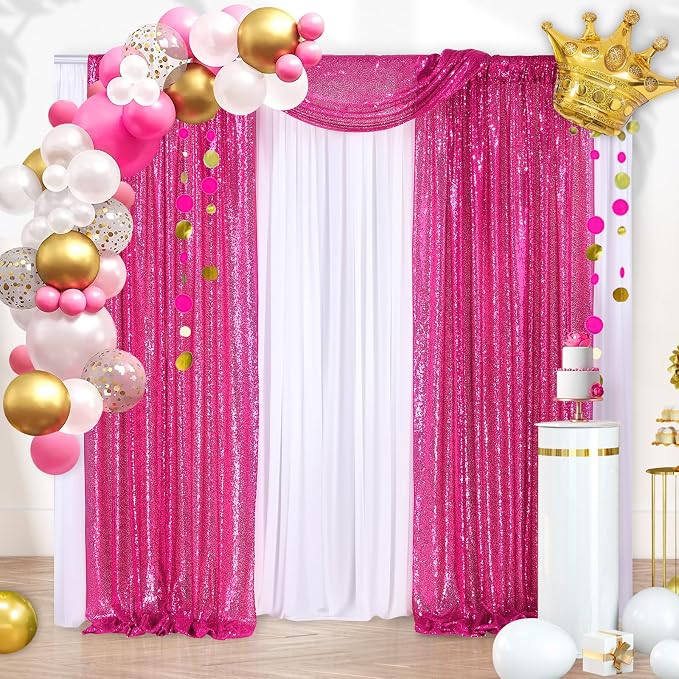 Fuchsia Sequin Backdrop Curtains 4 Pcs 2ftx8ft Glitter Shimmer Fabric | Sparkly - Image 3