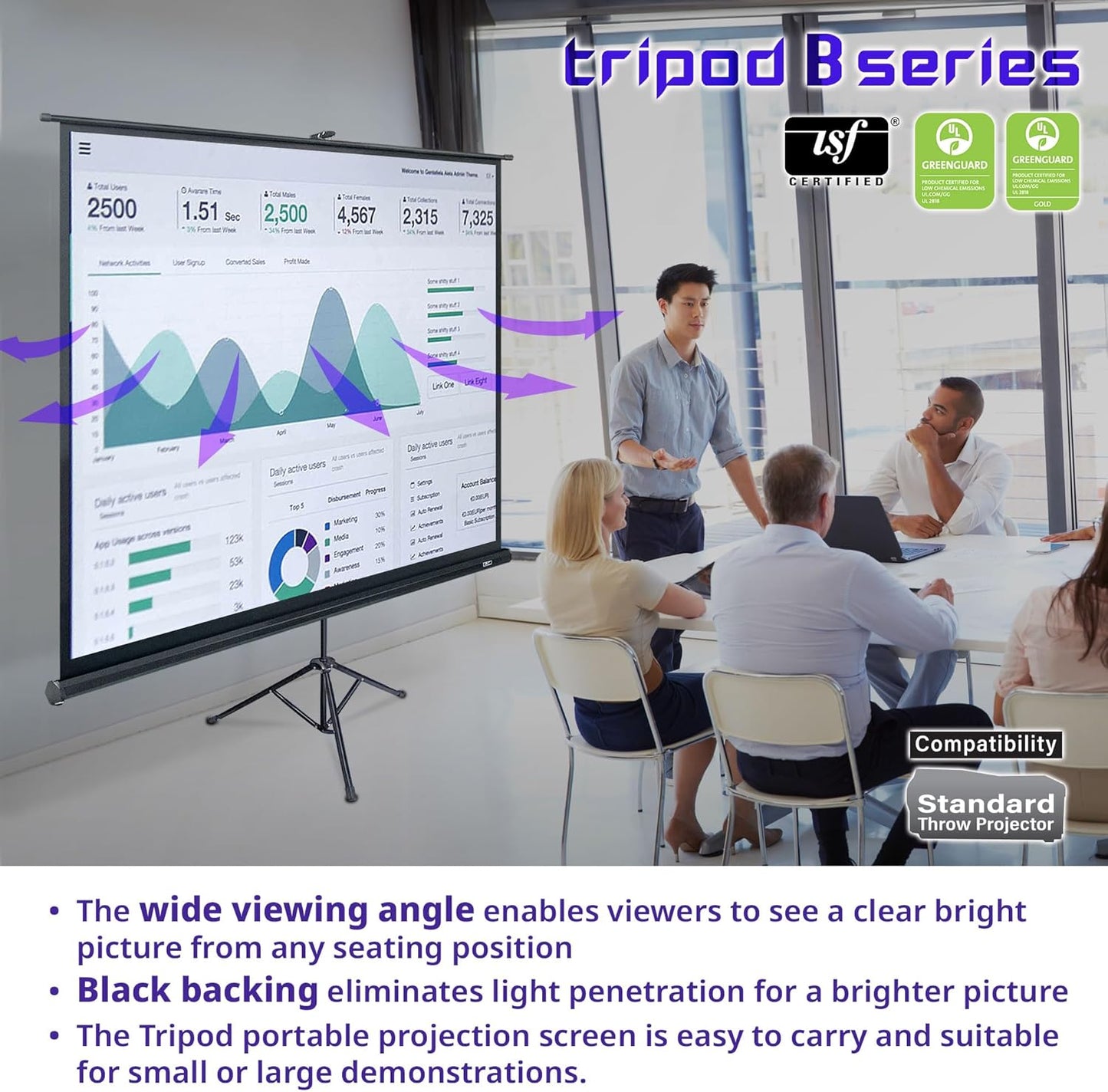 Elite Screens TRIPOD B, 113-INCH, 1:1, Lightweight Pull Up Foldable Stand, Manual, Movie Home Theater Projector Screen, 4K / 8K Ultra HDR 3D Ready, US Based Company 2-YEAR WARRANTY, T113SB, black