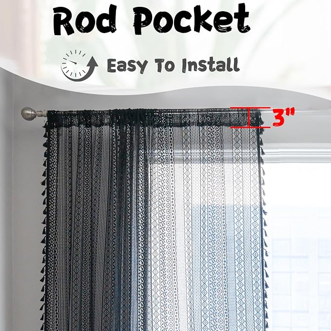 Sutuo Home Black Boho Curtain for Halloween Decor, Sheer Crochet Lace Handmade - Image 6