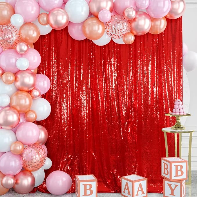 Juya Delight Red Sequin Backdrop Curtain, Non-Transparent Sequin Photography by JuyaDelight