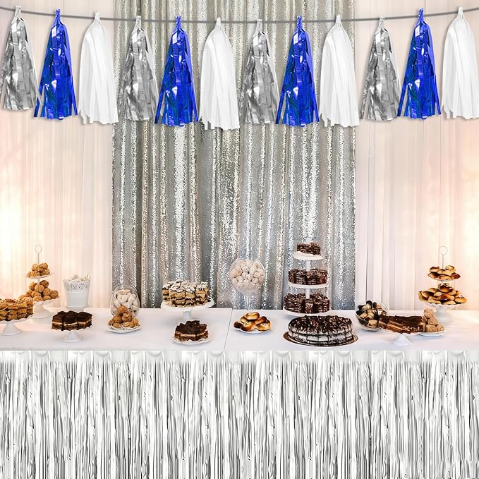 3P Navy Blue White Silver Tassel Banner Garland Metallic Foil Fringe Banner - Image 4