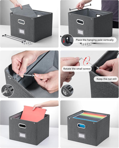 2 Pack File Organizer Box with Lid, Large Hanging Filing Box with Mesh Pocket, Document Organizer for Letter Files, Portable Storage Case for Office&Home (Dark grey)