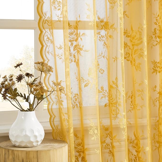 Golden Yellow Lace Curtains 84 Inches Long 2 Panels Country Flower Sheer by SEEKRIGHTHomeDecor