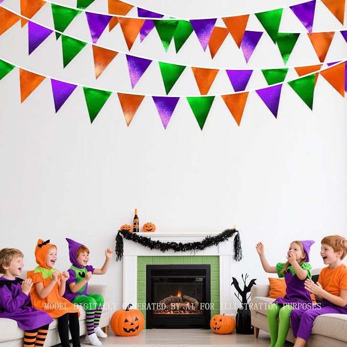 Halloween Party Decorations Metallic Fabric Green Orange Purple Triangle - Image 4