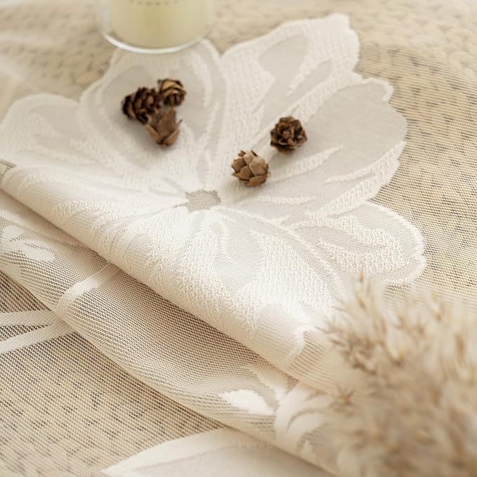Treatmentex Beige Lace Curtains 63inch Rose Floral and Leaf Sheer Window - Image 6