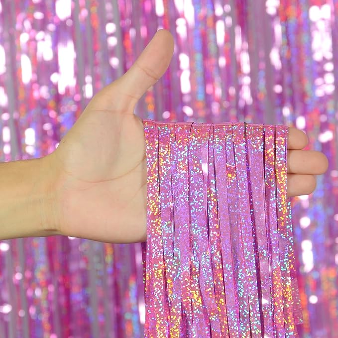 Melsan 3 Pack 3.2 x 8.2 ft Foil Fringe Curtains - Pink Tinsel Curtain Unicorn Birthday Hello Kitty Birthday Decorations Photo Backdrop for Party Decoration Engagement or Bachelorette Party Supplies