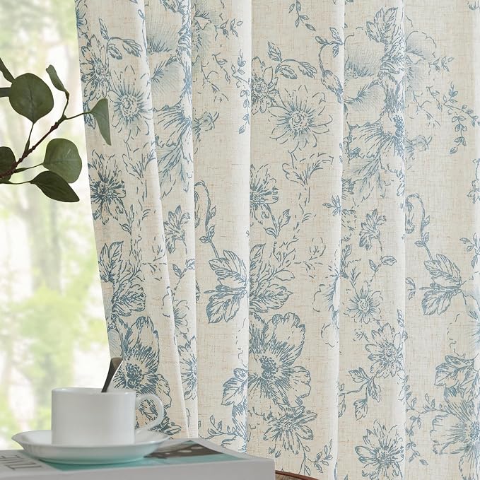 jinchan Blue Floral Linen Curtains 84 Inch Farmhouse Back Tab 2 Panels | Light - Image 4