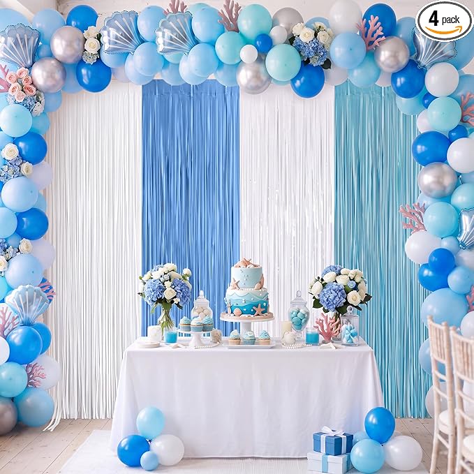 Frienda 4pcs Blue and White Party Decorations 6.6ft Fringe Curtains Decorations by Frienda
