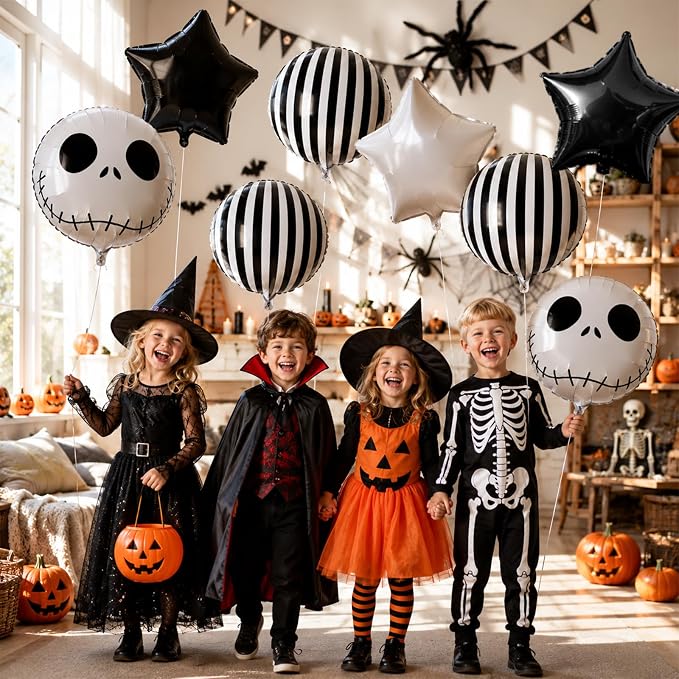 HILAVO 16PCS Black White Striped Skeletons Skull Balloons | Halloween Foil - Image 4