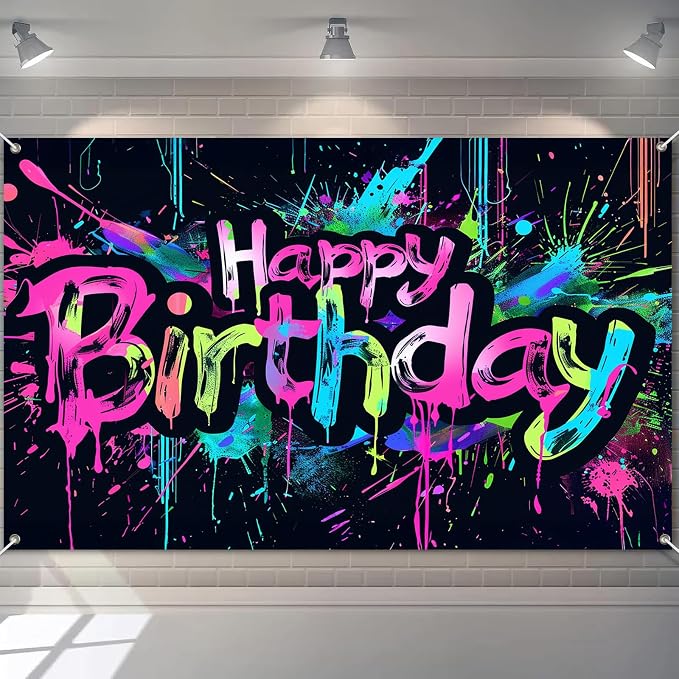 HOMETITUTE Neon Happy Birthday Banner 120x84 Inch Decorations by HOMETITUTE