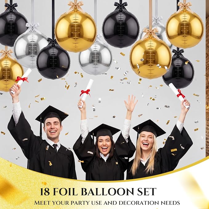 18 Set 22 Inch Black Silver Gold 4D Giant Round Foil Balloon Bulk Metallic - Image 6
