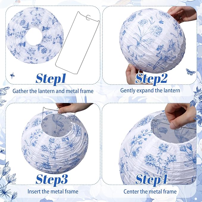 Honoson 12 Pcs Chinoiserie Paper Lanterns Blue and White Floral Chinoiserie - Image 6