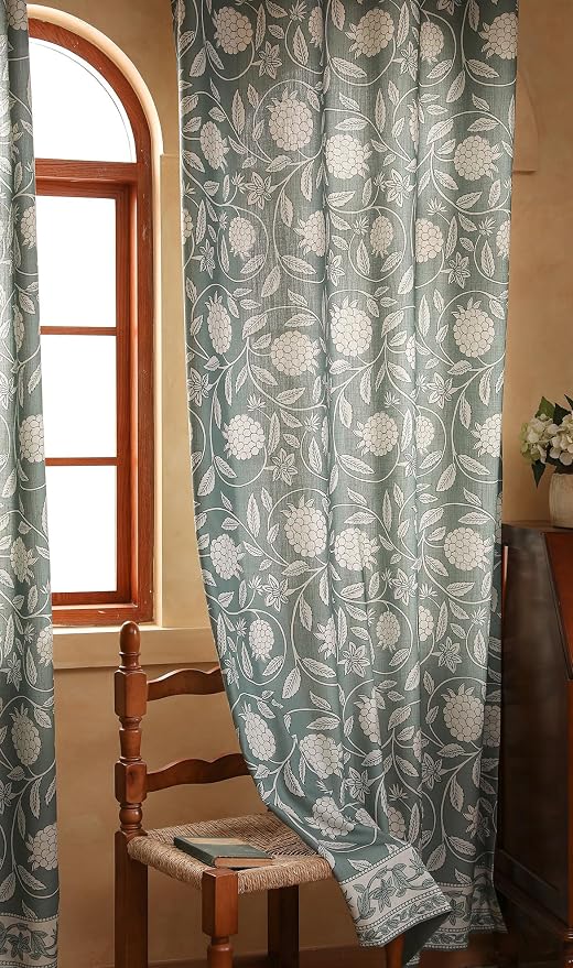 Designer Vintage Linen Printed Curtains, 2 Panels, Floral Pattern Draps - Image 9