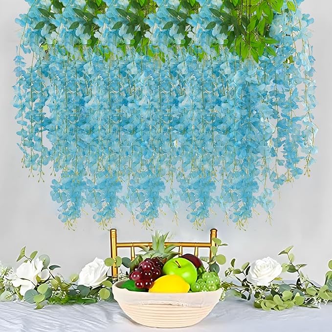 12 Pack Lake Blue Wisteria Hanging Flowers Garland, 3.77 Feet Artificial Flower Vines, Fake Wisteria, Artificial Vines Hanging Garland for Backdrop Outdoor Yard Garden Decor