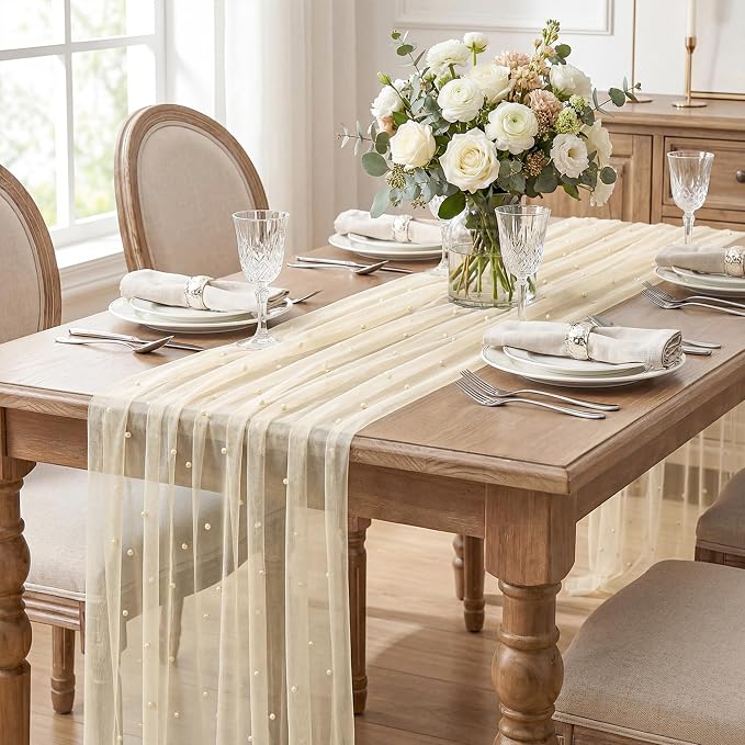 Artoid Mode Pearl Champine Gauze Table Runner 120 Inch 10FT, Seasonal Sheer - Image 4